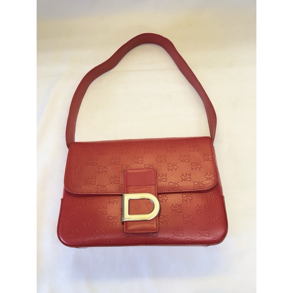 Vtg DKNY Logo Red Leather Small Shoulder Bag Purse Y2K Academia W/ Dust Bag - Picture 2 of 12